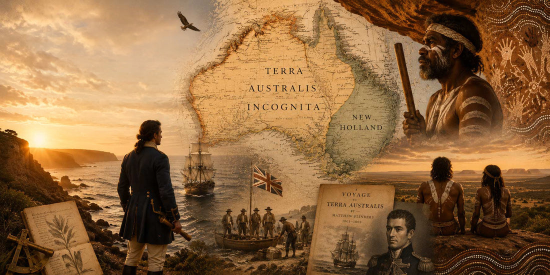 The birth of Australia illustrated through Aboriginal culture, ancient rock art, European exploration, colonial settlement and an early map of the Australian continent set against a dramatic coastal sunset.